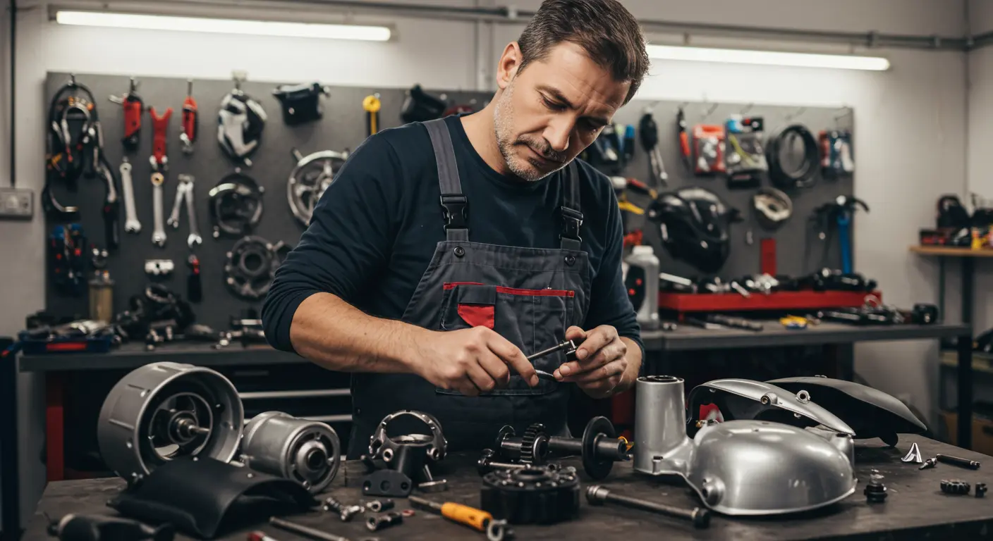 mekanik sedang memeriksa sparepart motor asli