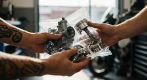 Tangan sedang memegang sparepart motor baru yang terbungkus rapi