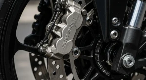 Sebuah roda motor dengan fokus pada kampas rem dan piringan cakramnya