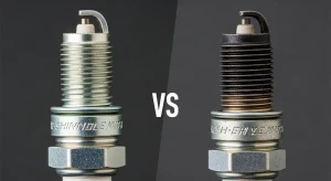 Gambar busi motor baru dan busi yang sudah aus dengan elektroda menghitam