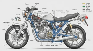 Tampilan anatomi motor yang menunjukkan lokasi berbagai komponen utama
