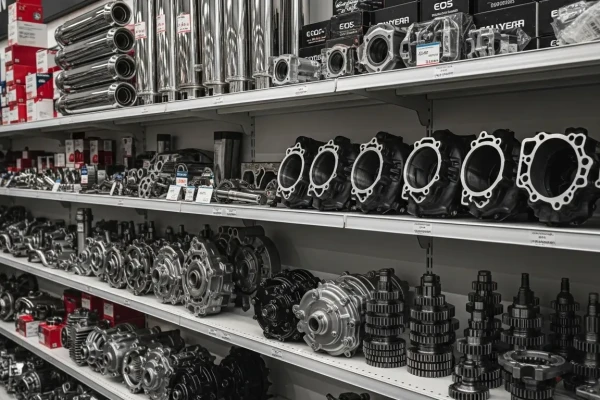 Berbagai jenis sparepart motor tersusun rapi di rak toko