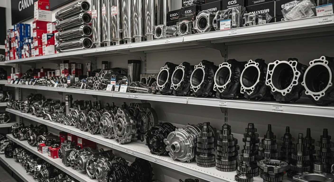 Berbagai jenis sparepart motor tersusun rapi di rak toko