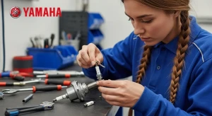 pemilik motor sedang mengganti busi sparepart motor yamaha