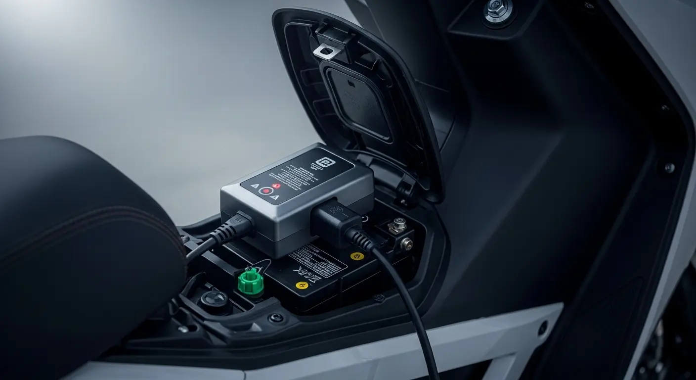 Charger motor listrik original yang sedang terhubung untuk mengisi daya baterai