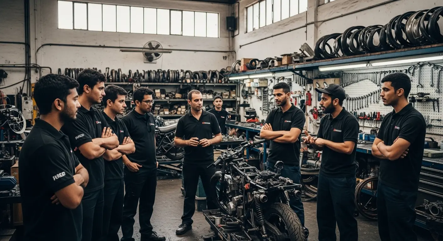 Mekanik dan pemilik toko sparepart motor sedang berdiskusi di sebuah bengkel