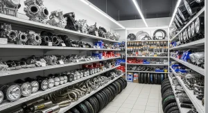 Toko sparepart motor dengan rak penuh berbagai jenis suku cadang