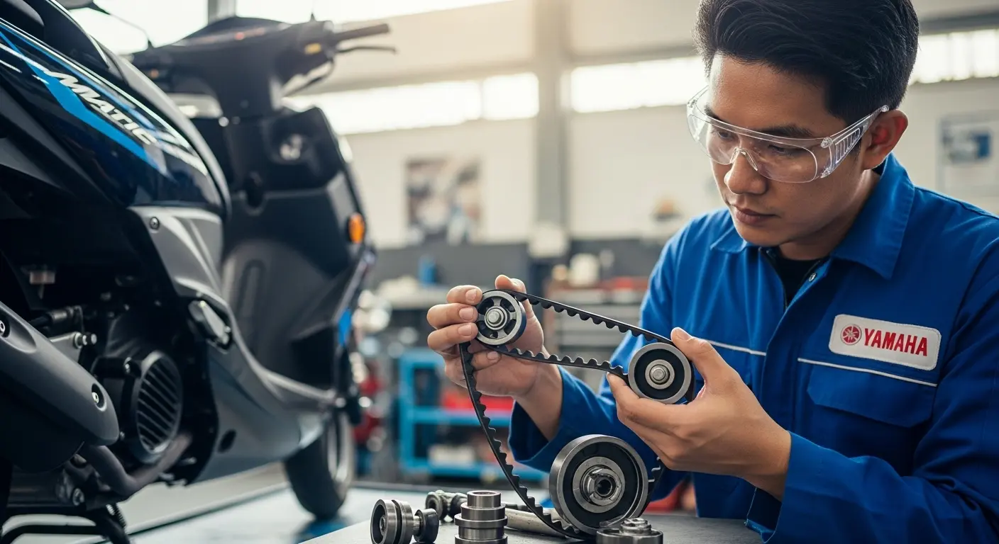 mekanik sedang memeriksa V-belt dan roller sparepart motor yamaha matic