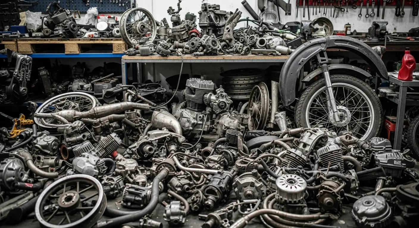 Tumpukan sparepart motor bekas dari berbagai jenis yang siap dijual di sebuah toko
