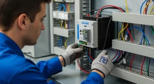 Seorang teknisi sedang memeriksa sambungan kabel pada controller motor listrik