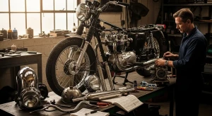 Gambar motor klasik yang sedang direstorasi dengan beberapa sparepart motor bekas terpasang