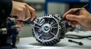 Mekanik sedang memeriksa kondisi fisik sebuah komponen mesin sparepart motor bekas untuk mendeteksi retakan