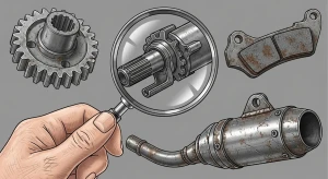 Ilustrasi tangan memegang kaca pembesar sedang meneliti detail kode dan tekstur permukaan sparepart motor bekas